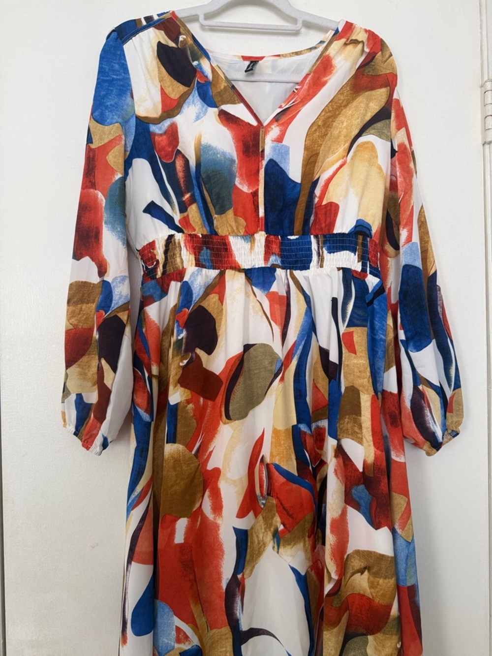 Abstract Multi-Color Maxi Dress with Smocked Waist